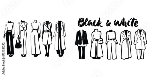 Minimalist line art fashion sketch of a monochrome outfits black silhouette style vector art design