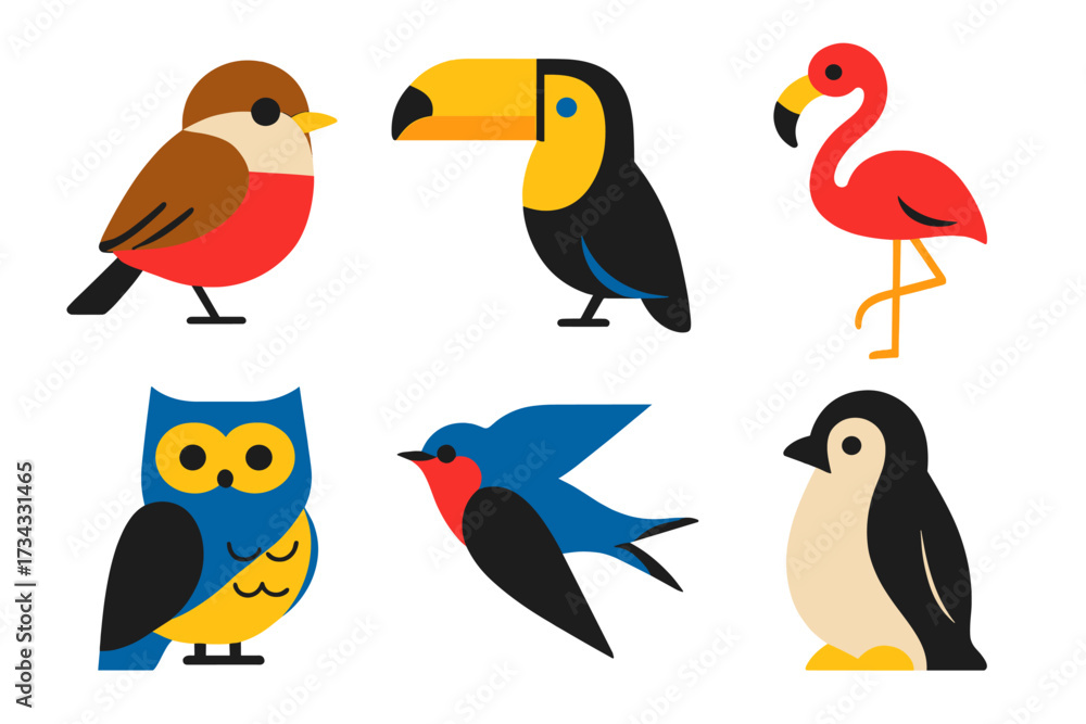 Naklejka premium Brightly colored avian species collection featuring a toucan, flamingo, owl, penguin, robin, and swallow