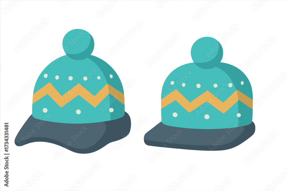 Fototapeta premium Cozy knitted winter hats with decorative pom-poms and vibrant zigzag patterns on a clean white background