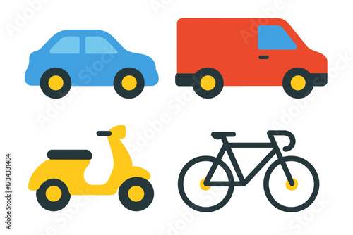 Diverse urban transportation vehicles including car, van, scooter, and bicycle for city travel and mobility
