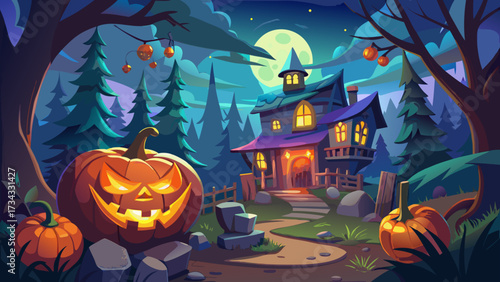 very beautiful Halloween background with pumpkins and haunted house - 3D render. Halloween background with Evil Pumpkin. Spooky scary dark Night forrest. Holiday event halloween banner background conc