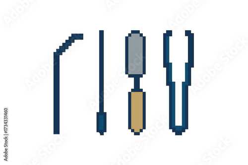 Digital pixel art style collection of various hand tools and instruments for crafting, gardening, and laboratory applications on white background
