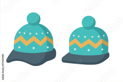 Cozy knitted winter hats with decorative pom-poms and vibrant zigzag patterns on a clean white background