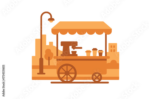 Modern stylized street coffee cart with espresso machine and disposable cups in urban park setting