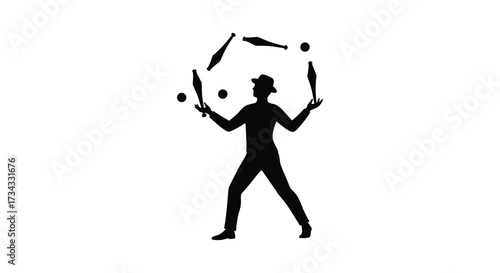 A juggler with three clubs and balls in dark silhouette