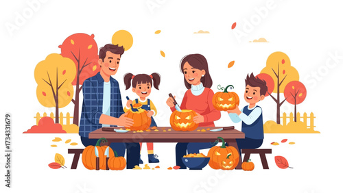 Fall Family Halloween Carving : A cheerful family, including two parents and two children, share a heartwarming scene of Halloween pumpkin carving during the fall season, exuding joy and togetherness.
