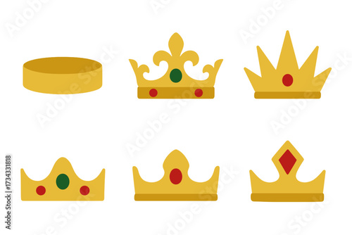 Golden royal crowns with unique designs and colorful gem embellishments, symbolizing power and monarchy