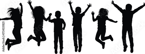 Silhouettes of children jumping with joy kids happiness, children, kids, jumping, joy, happiness, silhouette, group, playful, energetic, active, fun, freedom, childhood, youth, celebration, excitement