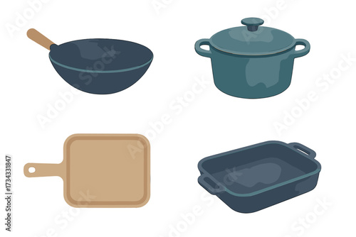 Assortment of essential kitchen cookware and bakeware items including a wok, lidded pot, cutting board, and baking pan