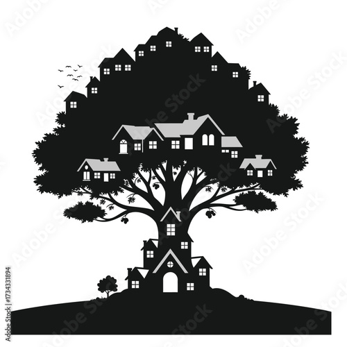 An imaginative silhouettes design of a sustainable tree village, showcasing a harmonious community of houses nestled within the majestic branches of a towering arboreal dwelling