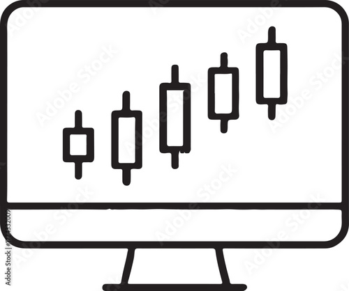 Simple black and white line art illustration of a computer monitor displaying a rising stock market candlestick chart