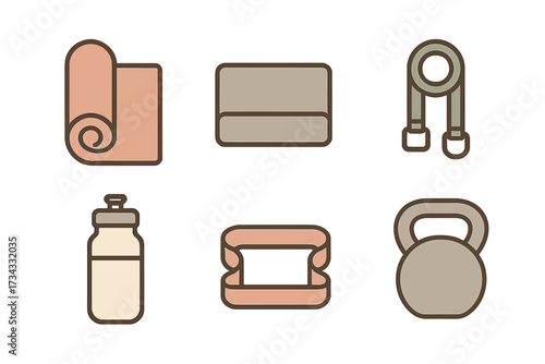 Essential fitness and workout equipment including yoga mat, towel, hand gripper, water bottle, resistance band, and kettlebell