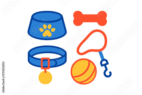 Colorful assortment of essential pet supplies and accessories for dogs, including a feeding bowl, collar, bone, leash, and ball