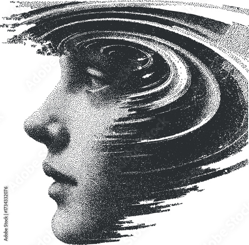 An abstract illustration featuring a swirling design around a female profile, symbolizing creativity and emotion..