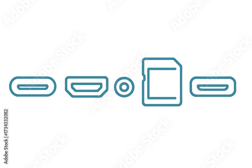 Outline icons of various electronic device connectors including USB-C, HDMI, audio jack, and memory card for digital technology