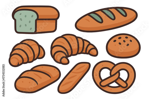 Collection of various freshly baked bread and pastries including croissants, baguettes, a loaf, bun, and pretzel