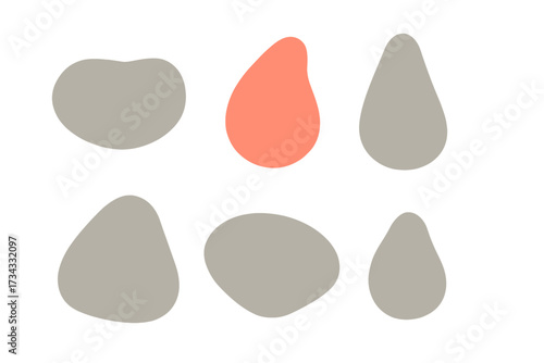Organic abstract smooth pebble shapes with one distinct coral colored stone among several grey elements arranged on a clean white background