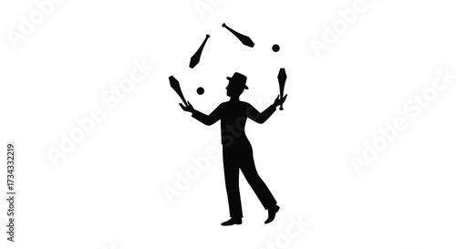 A juggler skillfully tossing clubs into the air a dark silhouette