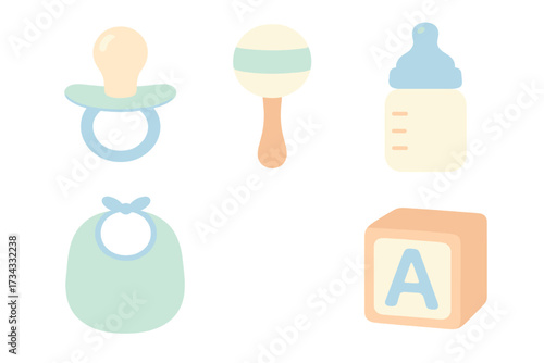 Essential baby care items and toys for newborns and infants, featuring a pacifier, rattle, bottle, bib, and alphabet block