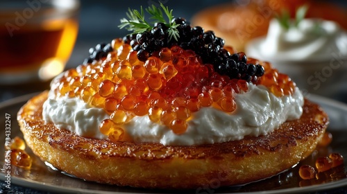 Buckwheat blini with salmon roe and sour cream, dill—luxury appetizer