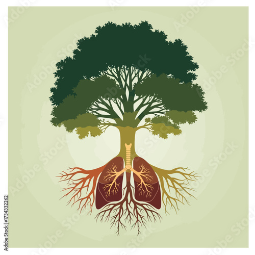 Imaginative silhouettes depicting a tree whose roots form human lungs, a powerful metaphor for the vital link between nature and life