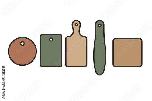 Various kitchen cutting boards in different shapes and colors for food preparation and serving