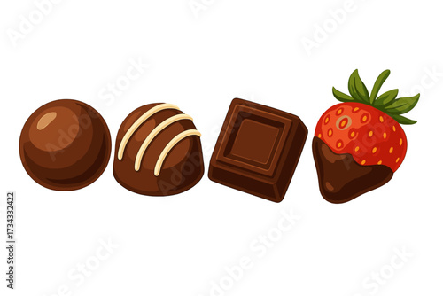 Assortment of delicious chocolate candies, a square chocolate bar, and a fresh strawberry dipped in rich dark chocolate