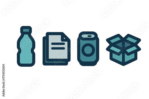 Set of common recyclable materials for waste sorting including plastic bottle, paper, aluminum can, and cardboard box
