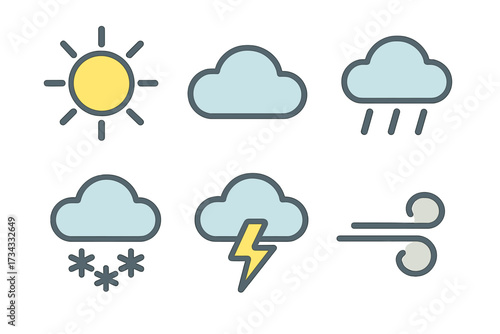 Collection of various weather forecast symbols depicting sun, clouds, rain, snow, lightning, and wind