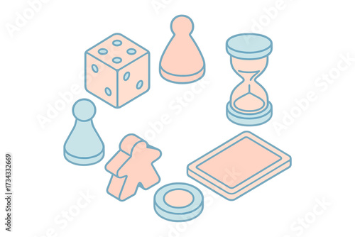 Isometric board game pieces including dice, pawns, meeple, card, chip, and hourglass arranged in a circular layout
