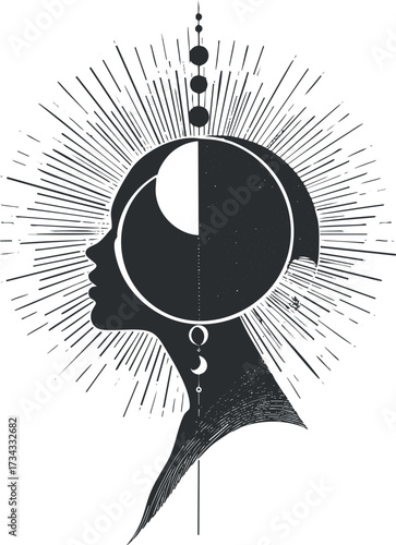 A mystical silhouette of a woman with celestial elements and cosmic symbolism in black and white..
