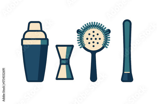 Essential bar tools for crafting cocktails including shaker, jigger, strainer, and muddler for professional beverage preparation