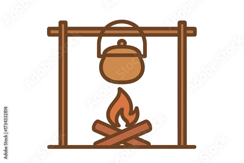 Rustic outdoor cooking scene with a pot suspended over a crackling campfire and burning logs, ready for a warm meal during a camping trip