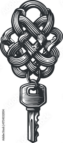 A detailed illustration of an ornate key with a decorative knot design..