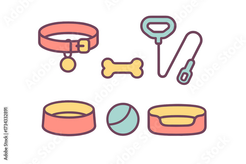 Colorful collection of essential pet accessories including collar, leash, bone toy, ball, food bowl, and comfortable pet bed