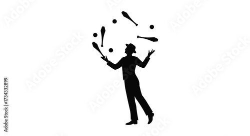A juggler skillfully tossing clubs into the air a striking silhouette