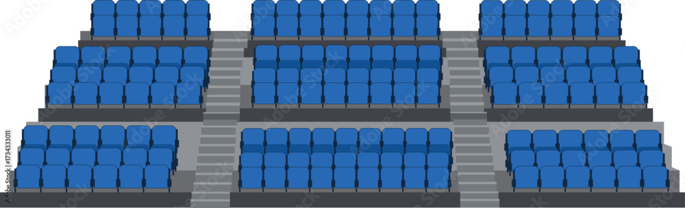Naklejka premium seating,auditorium,arena flat vector illustration of tiered blue seating arrangement for conference hall stadium or arena