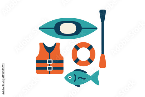 Collection of water sports and fishing equipment icons including kayak, paddle, life vest, lifebuoy, and fish