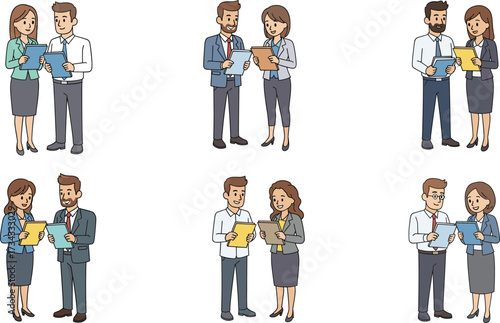 Business character illustration—male and female pairs, professional attire, workplace poses—vector people sketch, corporate relationship, social communication, teamwork