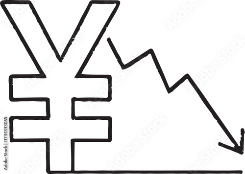 Hand drawn illustration of a japanese yen symbol with a downward trending arrow indicating financial decline and economic recession