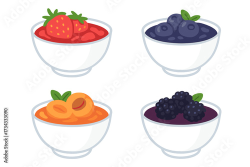 Collection of fruit bowls with fresh strawberries, ripe blueberries, sweet apricots, and juicy blackberries