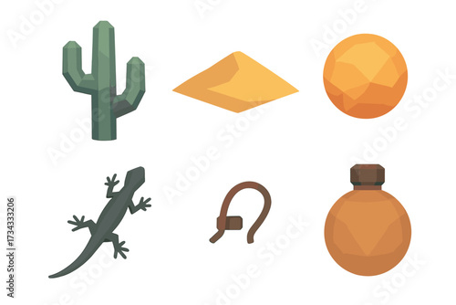 Desert nature elements and survival gear including cactus, sand, sun, lizard, lasso, canteen