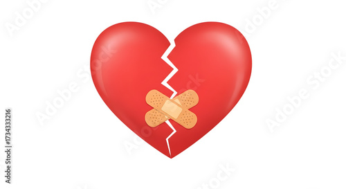 Illustration of a red heart symbol broken in half and mended with two adhesive bandages isolated on transparent background