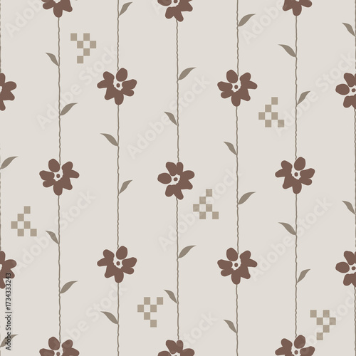 Flower pattern cream brown background with lines and meadow flowers. Farmhouse wallpaper backdrop