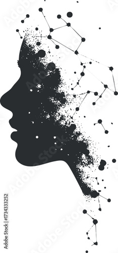Abstract silhouette of a female profile with dots and molecules representing creativity and science..