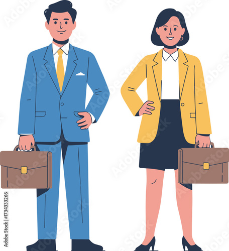 Business professional character pair—male and female, formal attire, briefcases—vector people sketch, workplace diversity, corporate fashion, team identity