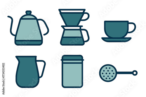 Modern collection of coffee brewing equipment, kitchen accessories, and beverage preparation tools in a minimalist style