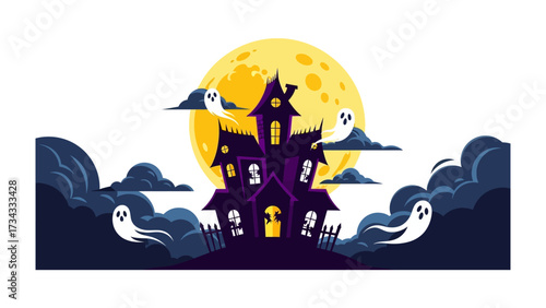 Haunted House Halloween: Eerie illustration of a haunted house, silhouetted against a full moon, with whimsical ghosts dancing amid the dark clouds, evoking a sense of mystery and spectral fun.