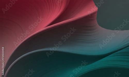 Abstract, flowing, layered shapes blend red/teal gradients, creating a dynamic, textured design