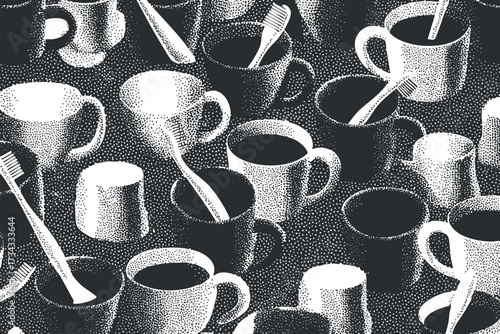 A graphic illustration featuring an abstract pattern of coffee mugs and toothbrushes in black and white..